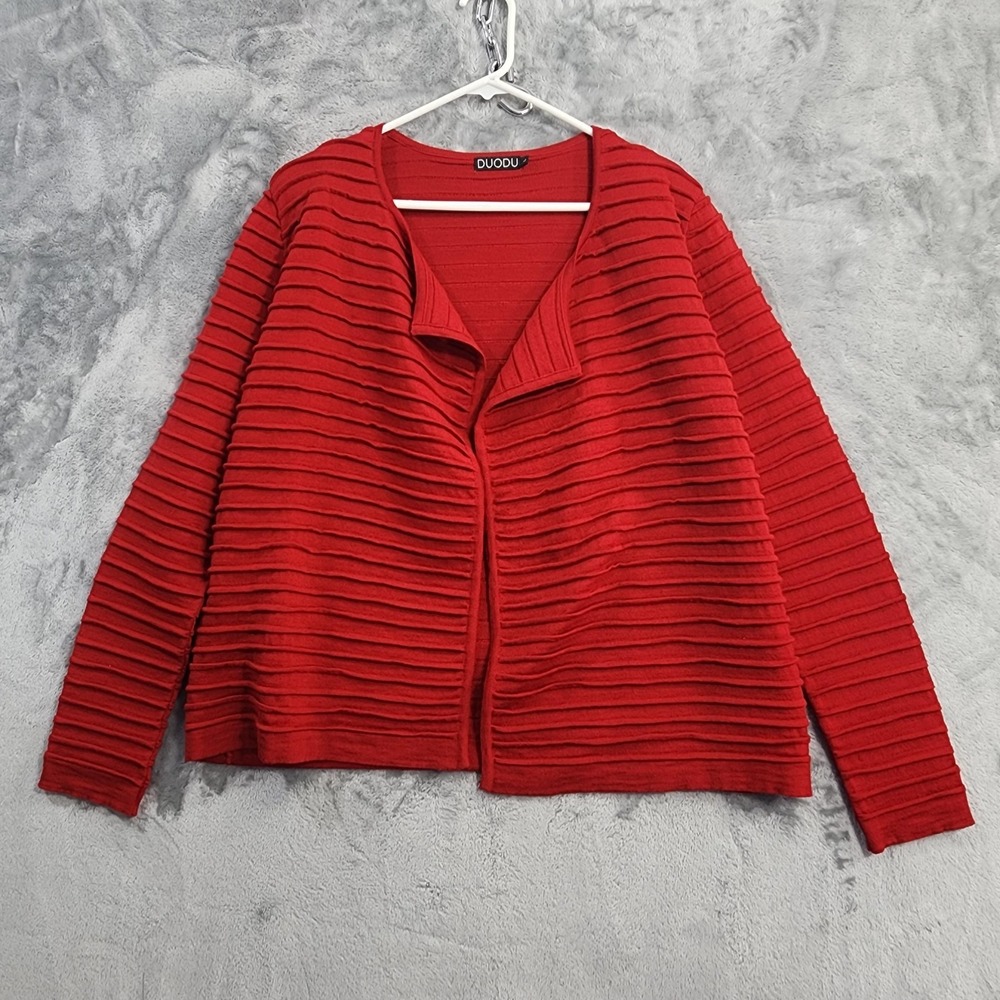 DUODU Sweater Cardigan Womens L Red Merino Wool Open Front Textured Stripe Knit‎